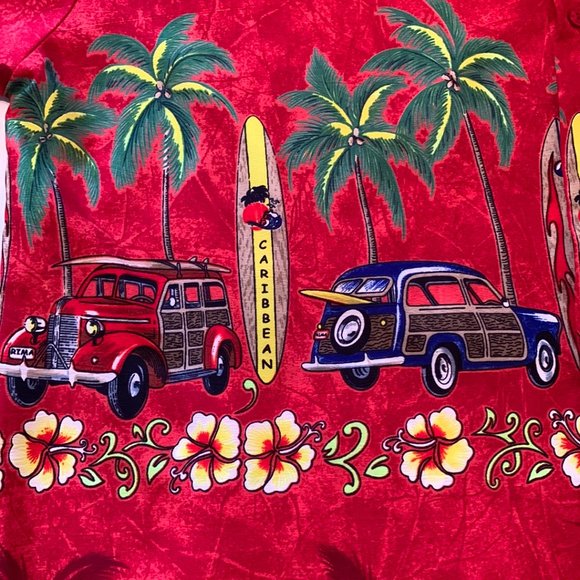 Rima Hawaiian Button Down Shirt Mens Large  Red with Cars and Palm Trees - Picture 3 of 7
